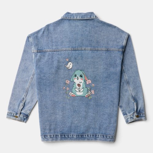 A rabbit with floppy ears in watercolour with a fl denim jacket