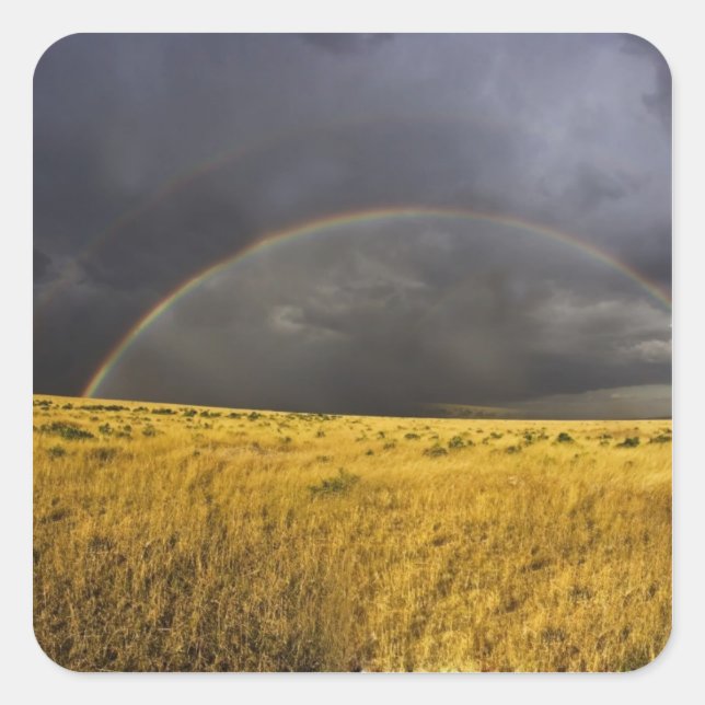 A rainbow appearing through a misty after noon square sticker (Front)