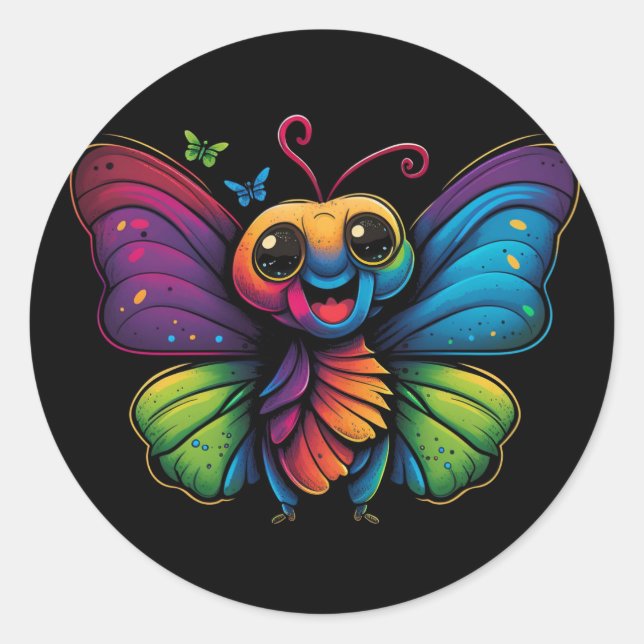 A rainbow-colored-butterfly classic round sticker (Front)