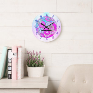 A rainbow of colors, a pink donut with a name for large clock