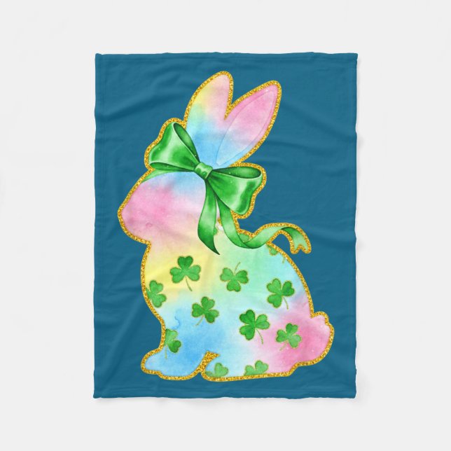 A Rainbow Rabbit With Green Bow And Shamrock St Pa Fleece Blanket (Front)