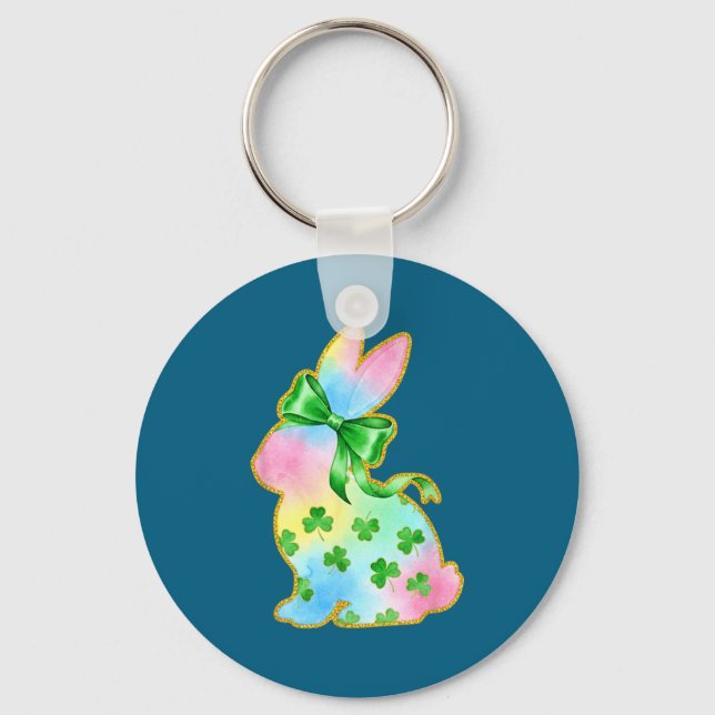 A Rainbow Rabbit With Green Bow And Shamrock St Pa Keychain (Front)