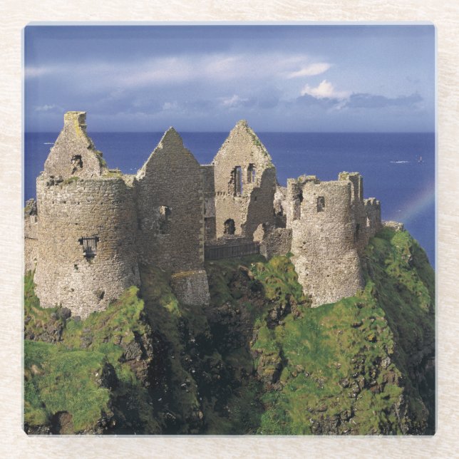 A rainbow strikes medieval Dunluce Castle Glass Coaster (Front)