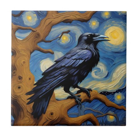 A Raven In An Old Oak Tree Starry Night Ceramic Tile