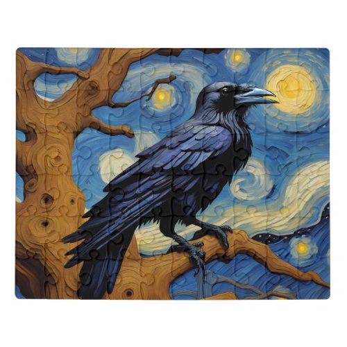 A Raven in an Old Oak Tree Starry Night Jigsaw Puzzle