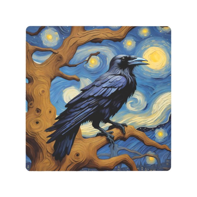 A Raven in an Old Oak Tree Starry Night Metal Print (Front)