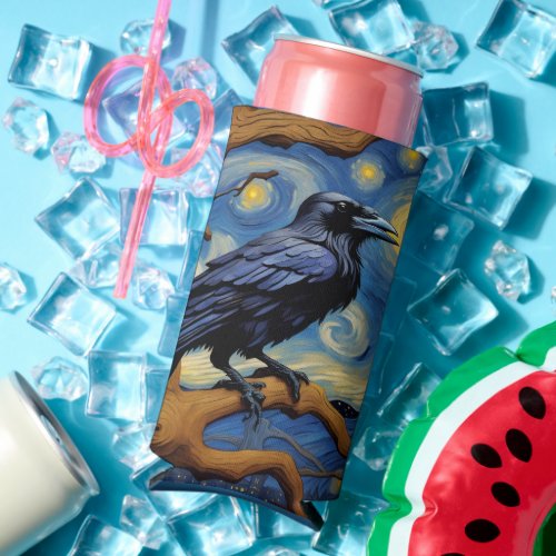 A Raven in an Old Oak Tree Starry Night Seltzer Can Cooler