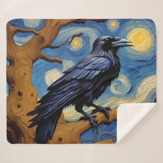 A Raven in an Old Oak Tree Starry Night Sherpa Blanket (Front (Horizontal))