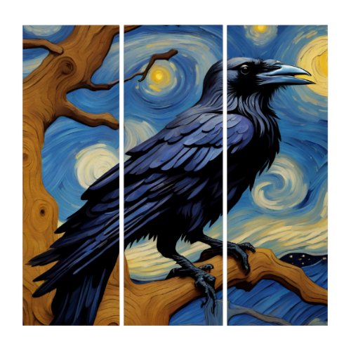 A Raven in an Old Oak Tree Starry Night Triptych