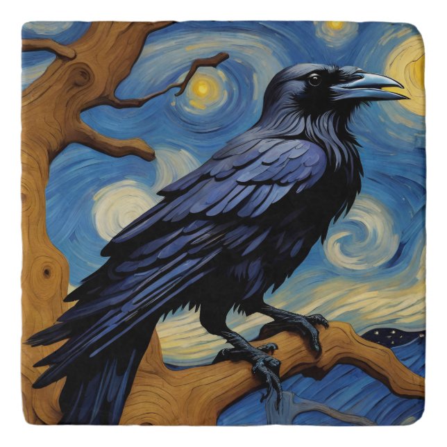 A Raven in an Old Oak Tree Starry Night Trivet (Front)