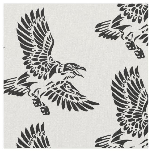 A raven in flight.  American native indians totem Fabric (Close Up)