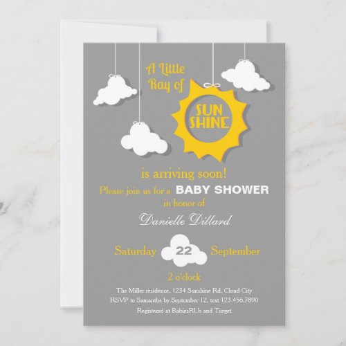 A Ray of Sunshine Baby Shower Invitation Custom Invite