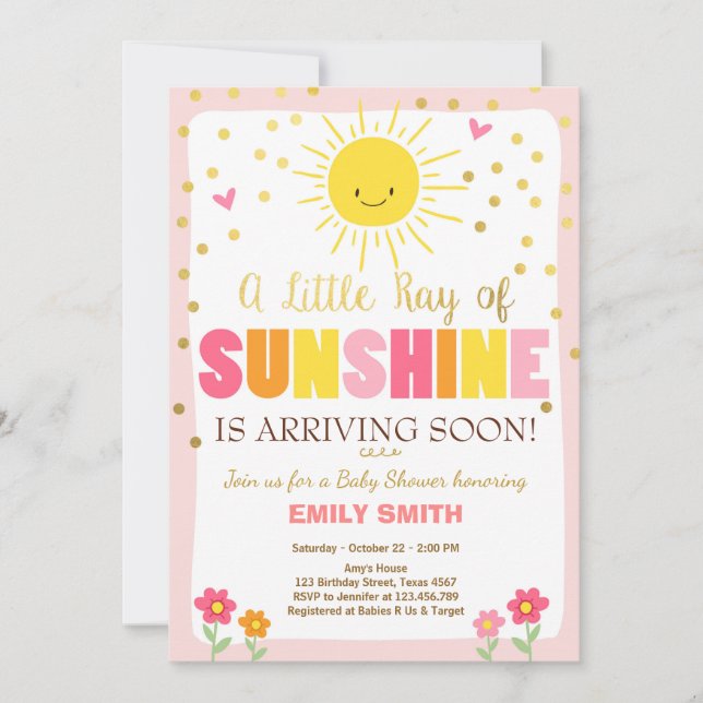 A Ray of Sunshine Baby Shower invitation Pink Girl (Front)