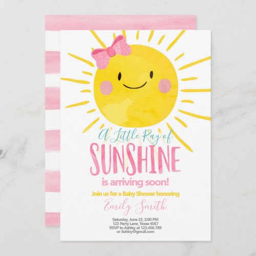 A Ray Of Sunshine Little Girl Pink Baby Shower Invitation