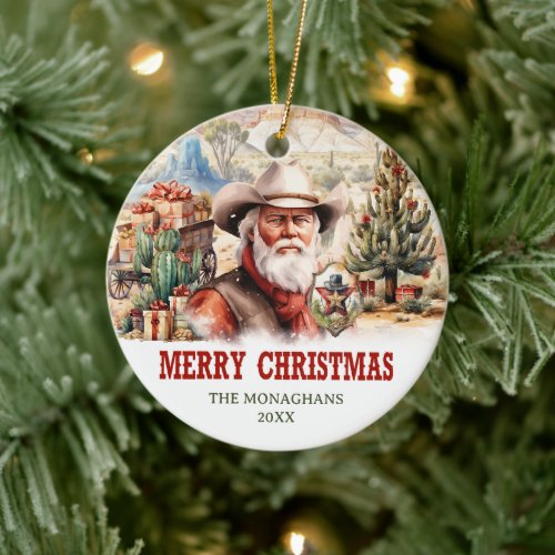 A realistic wild west picture with Santa cowboy Ceramic Ornament