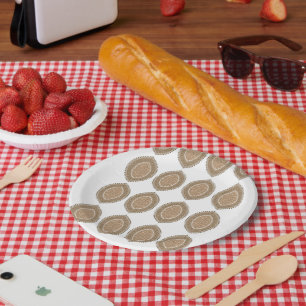 A rectangular rug with an intricate geometric moti paper plates