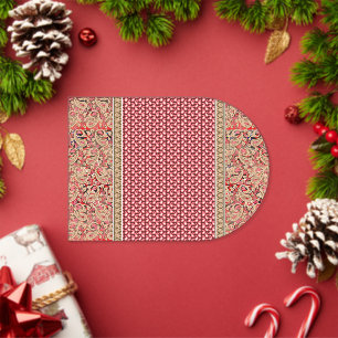 a red and beige rug with a gold border acrylic invitations