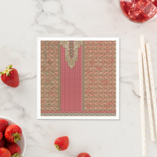 a red and beige rug with a gold border napkins