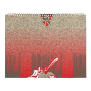 a red and beige scarf with a picture of a woman ho calendar