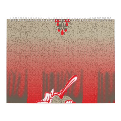 a red and beige scarf with a picture of a woman ho calendar