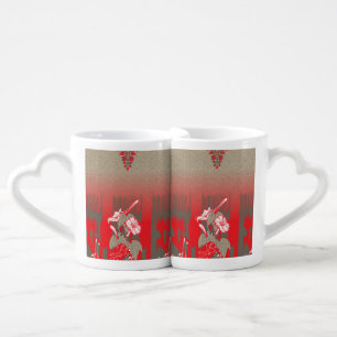 a red and beige scarf with a picture of a woman ho coffee mug set