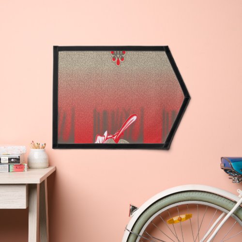 a red and beige scarf with a picture of a woman ho pennant