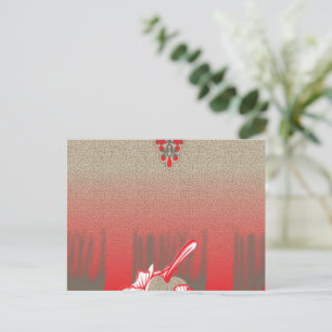 a red and beige scarf with a picture of a woman ho postcard