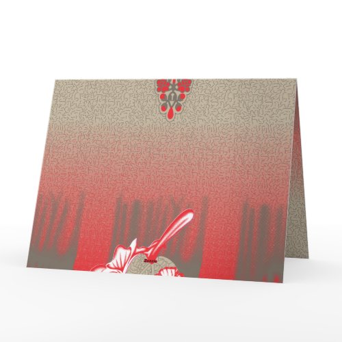 a red and beige scarf with a picture of a woman ho thank you card