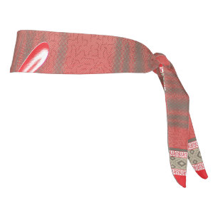 a red and beige scarf with a picture of a woman ho tie headband