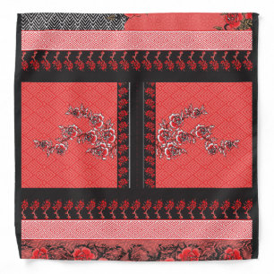 a red and black pattern with flowers on it bandana