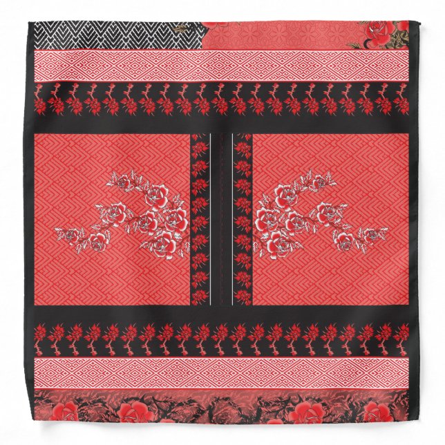 a red and black pattern with flowers on it bandana (Front)