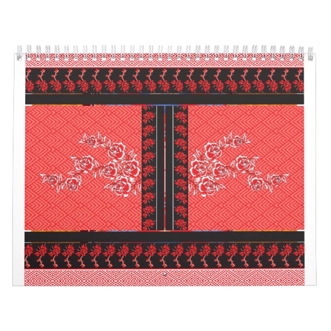 a red and black pattern with flowers on it calendar (Cover)