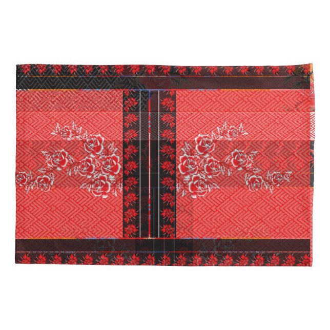a red and black pattern with flowers on it pillow case (Back)