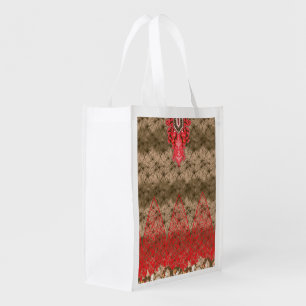 a red and brown background with a red border grocery bag