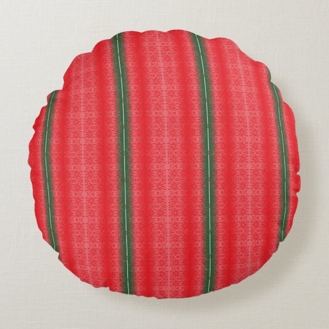 a red and green striped background round pillow (Front)