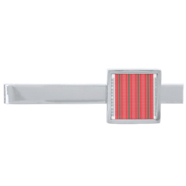a red and green striped background silver finish tie bar (Front)