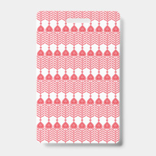 A red and pink geometric pattern featuring interlo badge