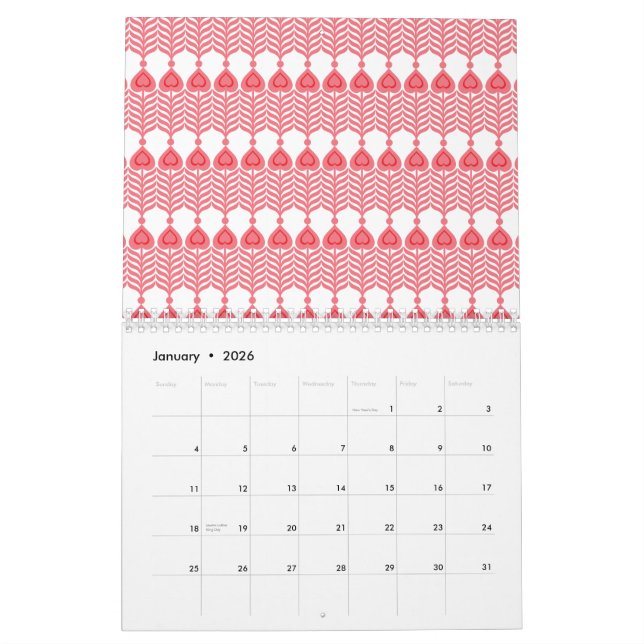 A red and pink geometric pattern featuring interlo calendar (Jan 2026)