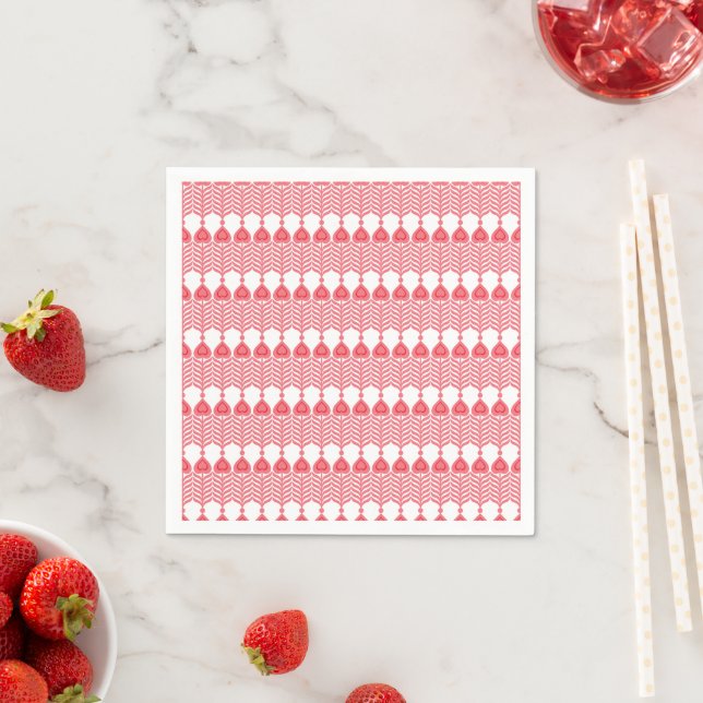 A red and pink geometric pattern featuring interlo napkins (Insitu)