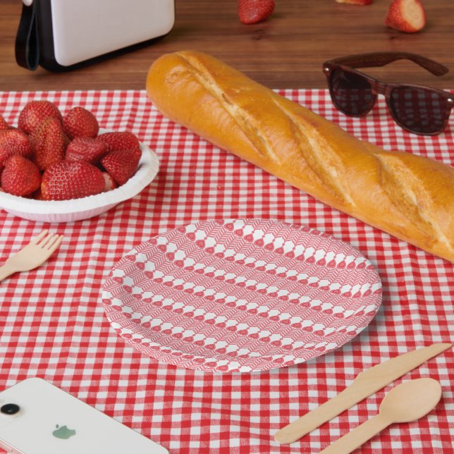 A red and pink geometric pattern featuring interlo paper plates (Picnic)