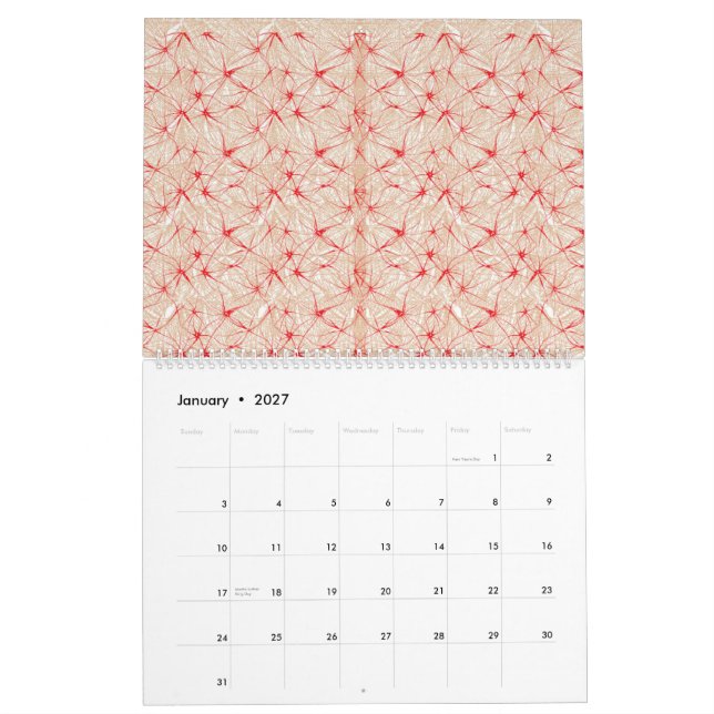 a red and white background with a pattern calendar (Jan 2027)