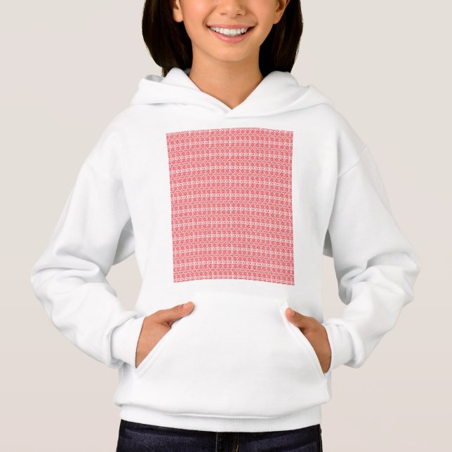 a red and white background with a pattern hoodie (Front)