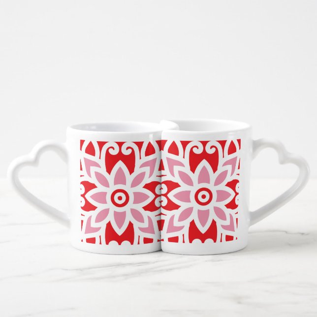 a red and white pattern with a flower on it coffee mug set (Front Nesting)