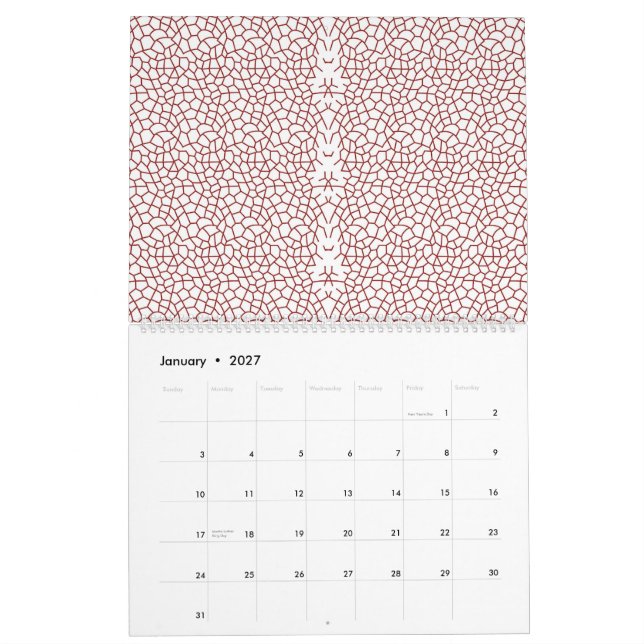 a red and white wallpaper with a pattern on it calendar