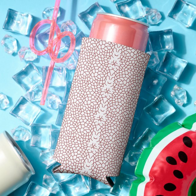 a red and white wallpaper with a pattern on it seltzer can cooler (In Situ Summer)