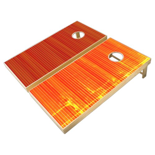 A red background with horizontal lines cornhole set