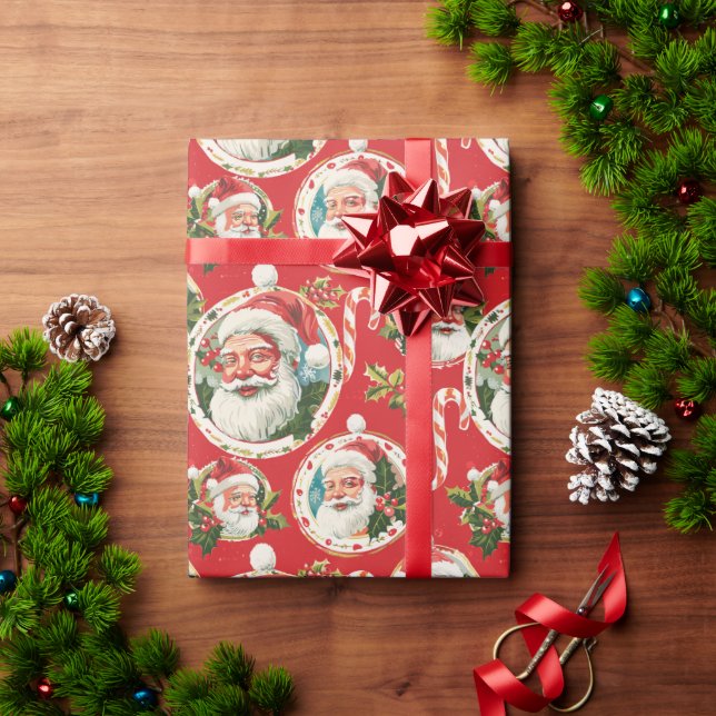 A Red Background With Santa Christmas Theme Wrapping Paper (Holiday Gift)