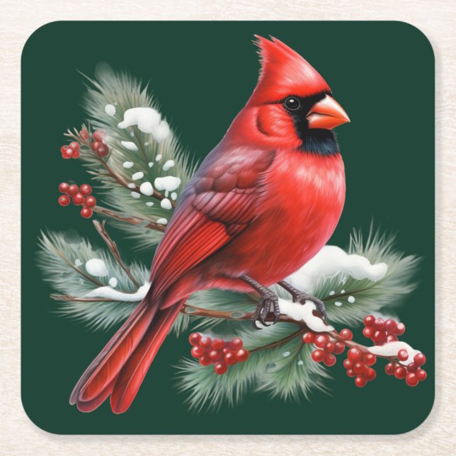 A Red Cardinal Square Paper Coaster (Front)