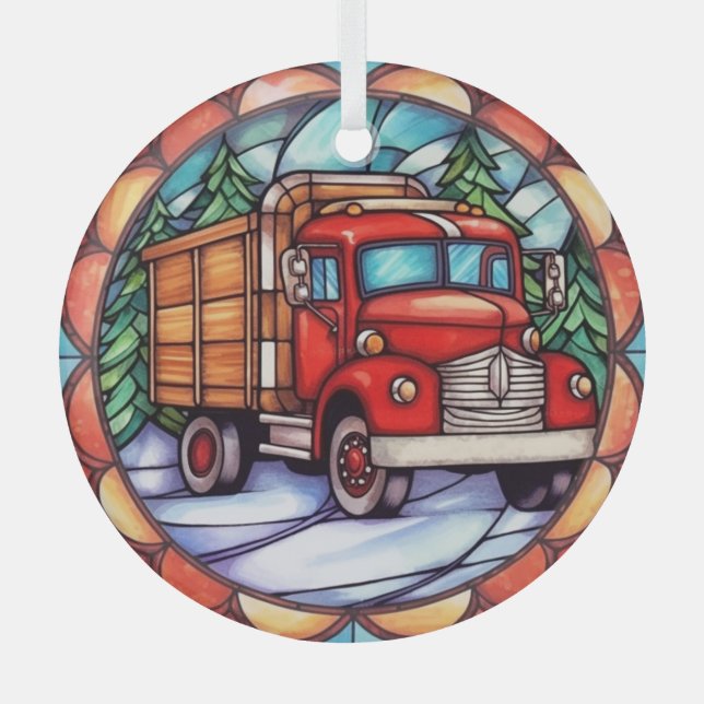 A Red Christmas Truck Stained Glass Ornament (Front)