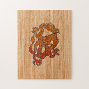 A red Dragon on Bamboo like Jigsaw Puzzle